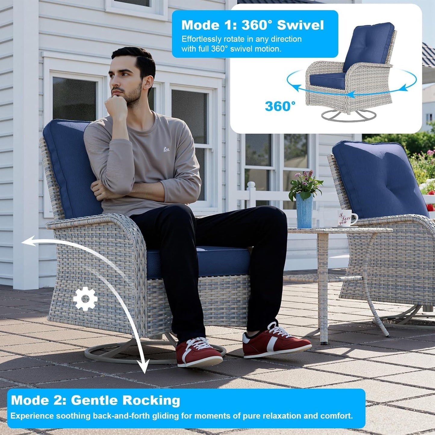 10-Piece Modern Patio Furniture Set with Swivel Chairs, Thick Cushions, Dual-Strand Wicker Rattan, Rust-Resistant Frame, Navy Blue