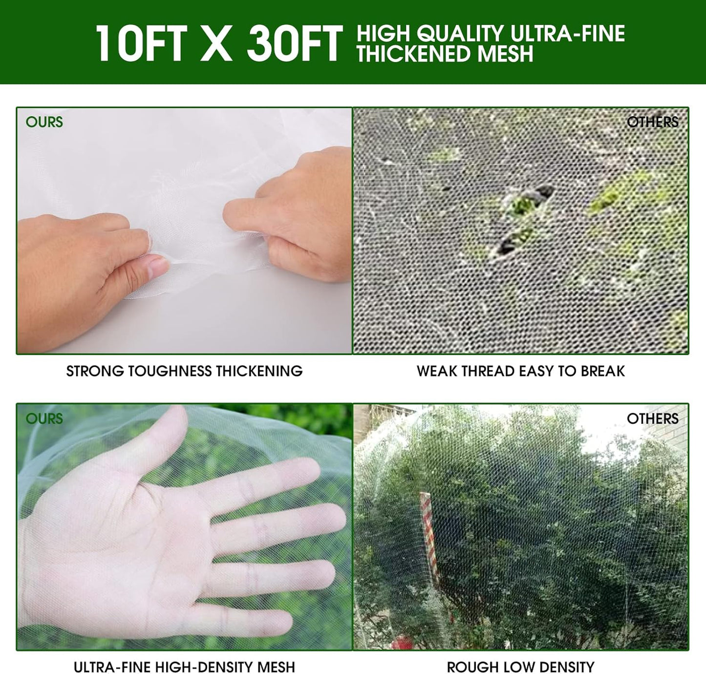 Garden Mesh Netting Kit - 10x30ft Ultra Fine Mesh with 6 Sets Hoops & 12 Clips, Bird Netting Protection for Fruit, Vegetable, Flowers & Animals, Greenhouse Cover