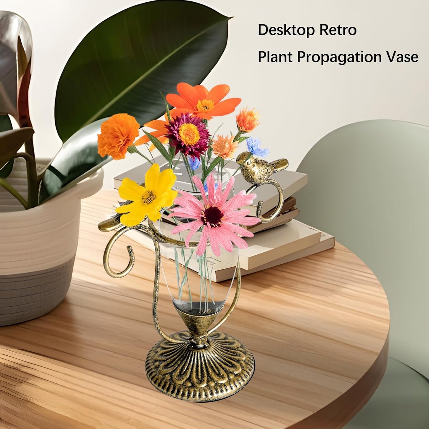 POXOH Vintage Glass Planter - Metal & Glass Propagation Vase with Gold Dual Birds Art, Retro Indoor Planter for Hydroponic Plants, Office Desk Decor, Living Room Centerpiece