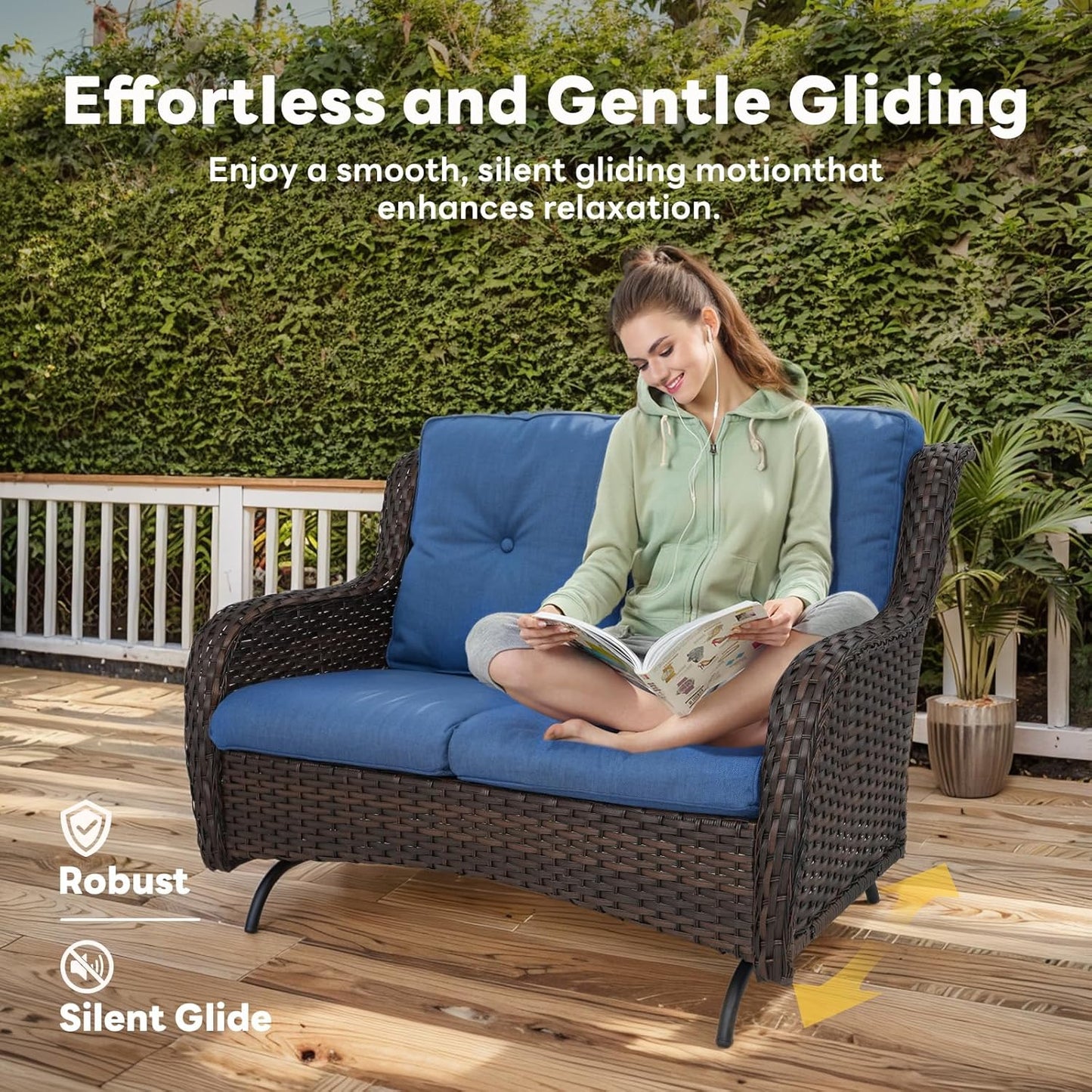 Spacious Outdoor Glider Bench - 500 LBS Weight Capacity Small Loveseat, 2 Seater Patio Gliders Furniture All Weather Wicker Couch with Removable Cushion for Deck Sunroom Balcony Backyard