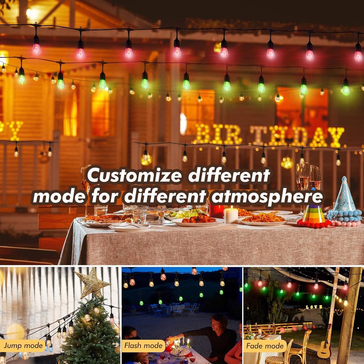 Auroraworld Outdoor String Lights RGB Solar, 48FT Dimmable Patio String Lights for Patio