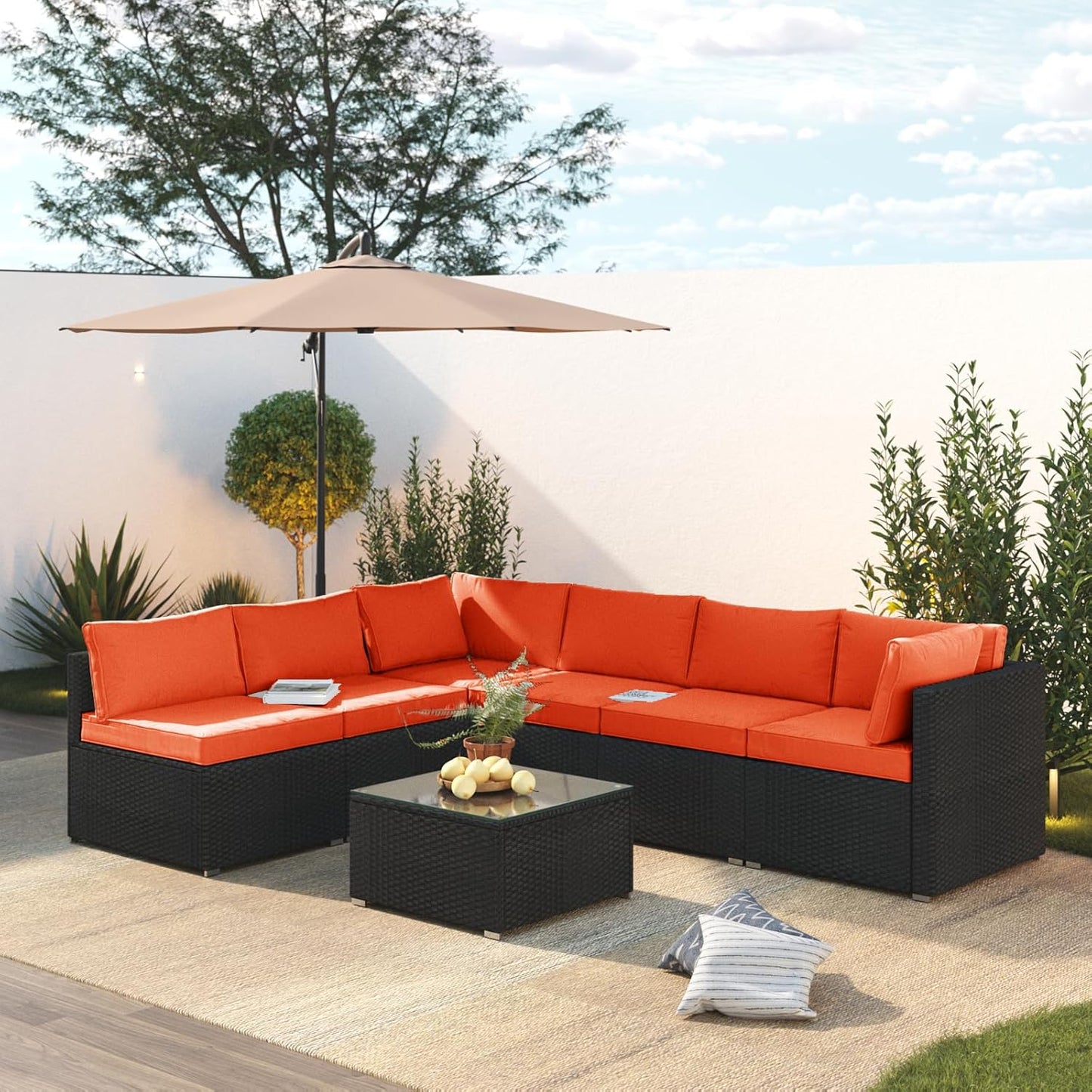 7 Piece Patio Furniture Set, Outdoor Couch Set—All-Weather Outdoor Furniture Sectional w Water Resistant Thick Cushions, Patio Sofa Set w 2 Extra Pillows and Coffee Table, Orange/Black