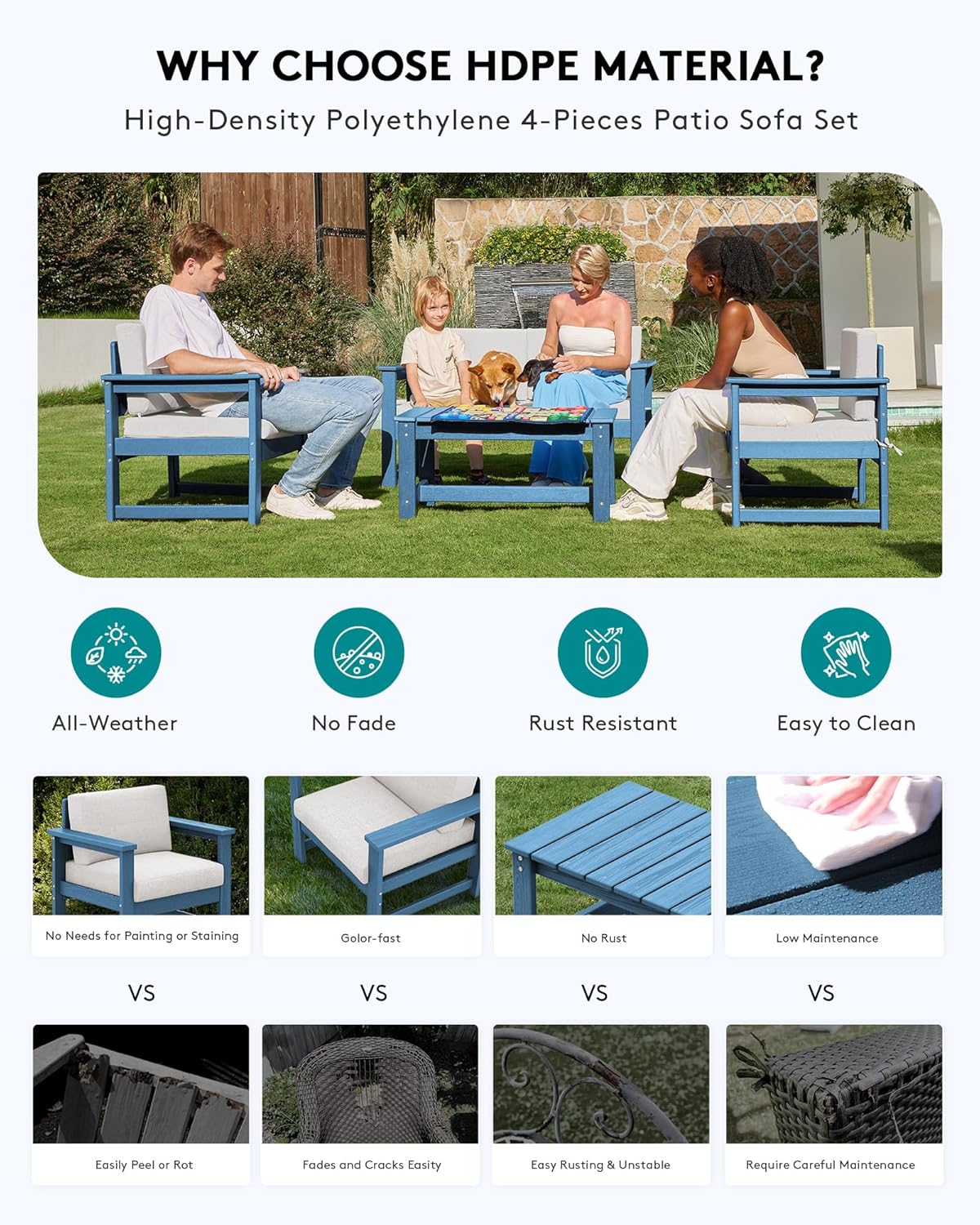 SERWALL 5 Pieces HDPE Outdoor Sofa Set with Cushions, All Weather Use Patio Conversation Couch Loveseat Furniture with Coffee Table for Balcony, Deck, Poolside, Blue Frame with Khaki Cushions