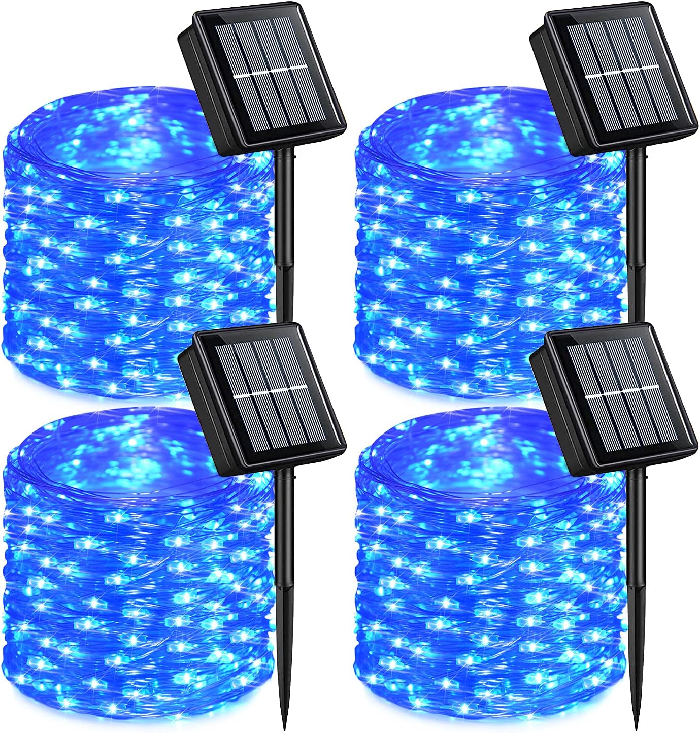 QITONG Blue Solar Fairy Lights, 4 Pack Each 33ft 100 LED String Lights Outdoor Waterproof, 8 Modes Silver Wire Twinkle Mini Lights
