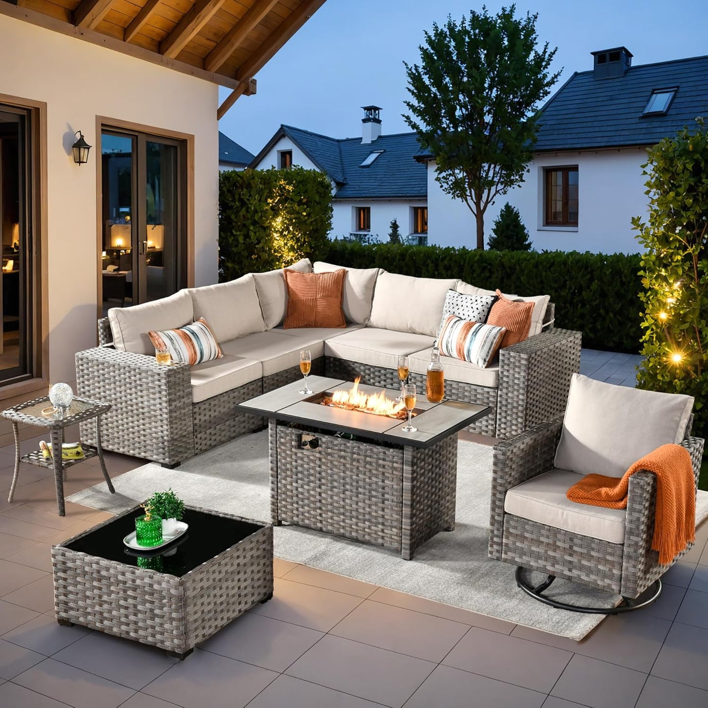 ovios 9 Pieces Patio Furniture Set, Outdoor Wicker Sectional Sofa with 42" Fire Pit Table Swivel Chair, Modern Modular Deep Seat Rattan Couch Conversation Sets, Beige