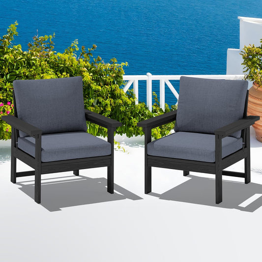 SERWALL Outdoor Patio Sofa Set, 2-Piece HDPE Single Seat Outdoor Sofa Chair with Padded Cushions, Black Frame with Grey Cushion