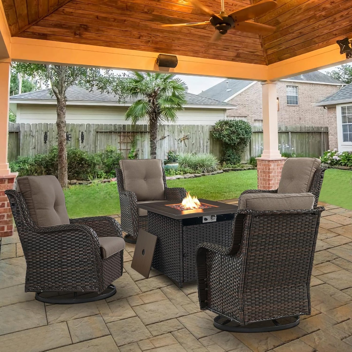 5 Pieces Patio Wicker Furniture Set - 4 Outdoor Swivel Rocker Glider Chairs with 50000BTU Propane Fire Pit Table, Warm Patio Conversation Set Grey Cushion Perfect for Casual Gathering