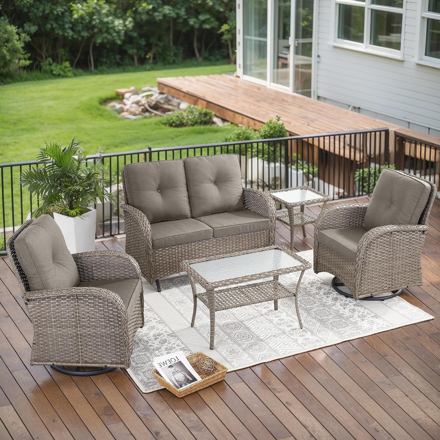 5 Piece Outdoor Patio Furniture Set with Deep Seating Swivel Rocker Chairs Loveseat and Rattan Coffee Table Outdoor Conversation Sets for Deck Backyard Poolside,Gray Wicker Gray Cushion