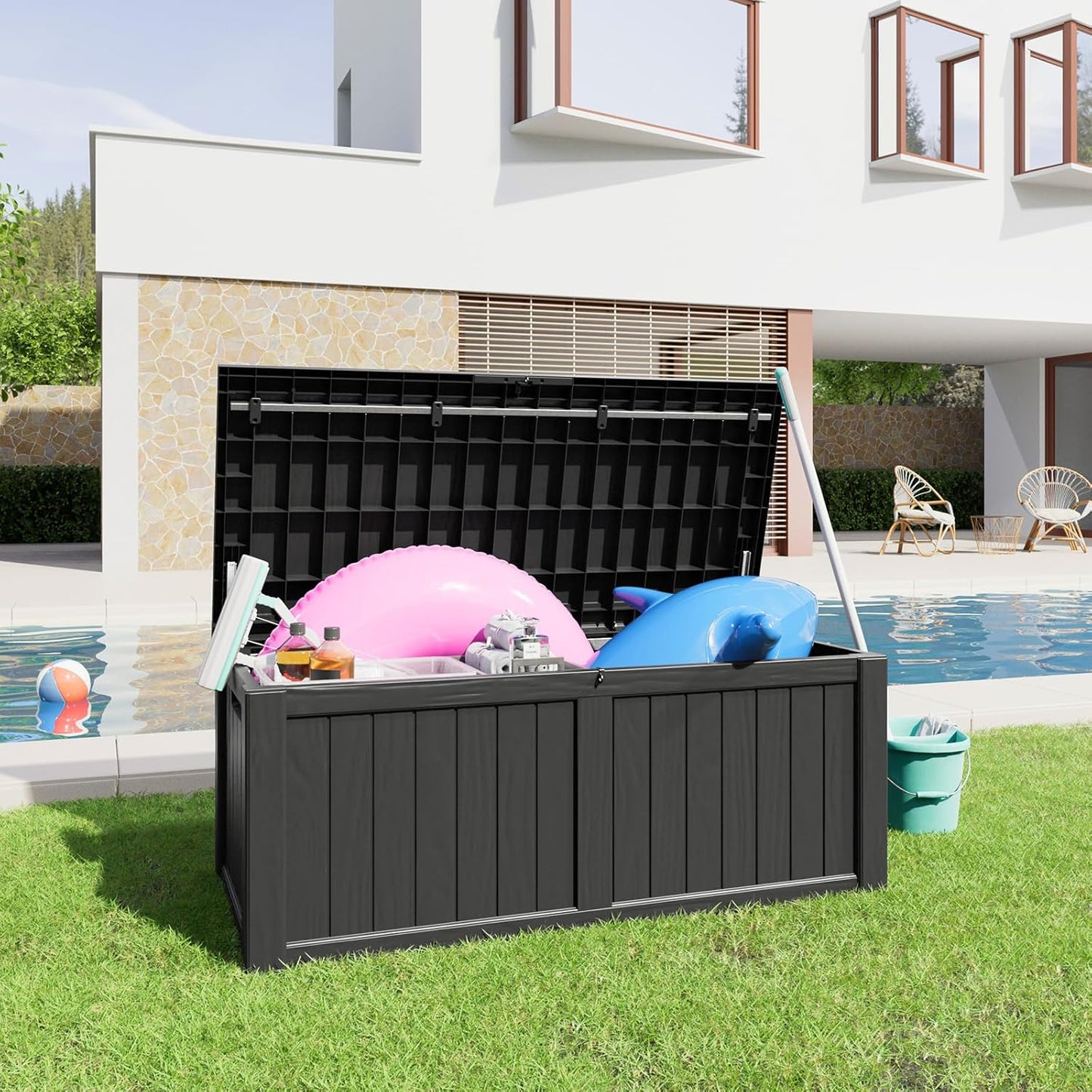 120 Gallon Resin Deck Box, Lockable Patio Outdoor Storage Box for Furniture, Garden Tools and Tools Storage, Waterproof Outside Storage Boxes - Black