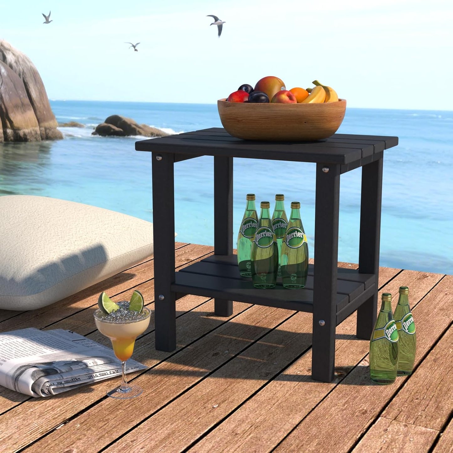 Double Adirondack Outdoor Side Table, Weather-Resistant Patio End Table for Backyard, Pool & Porch, Durable & Stylish Patio Side Table, Black