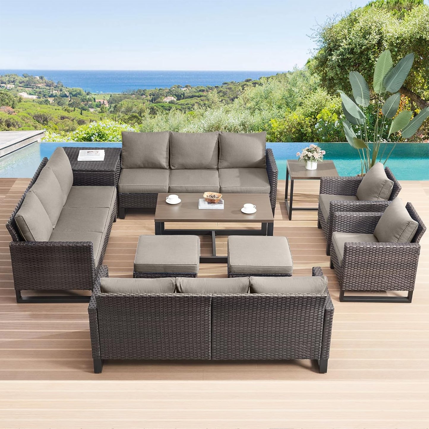 HUMMUH 10 Piece Patio Furniture Set PE Wicker 3 Outdoor Sectional Sofa Set with Patio Chairs Dinning Table Ottomans for Porch,Garden,Backyard,Deck(Brown/Grey)