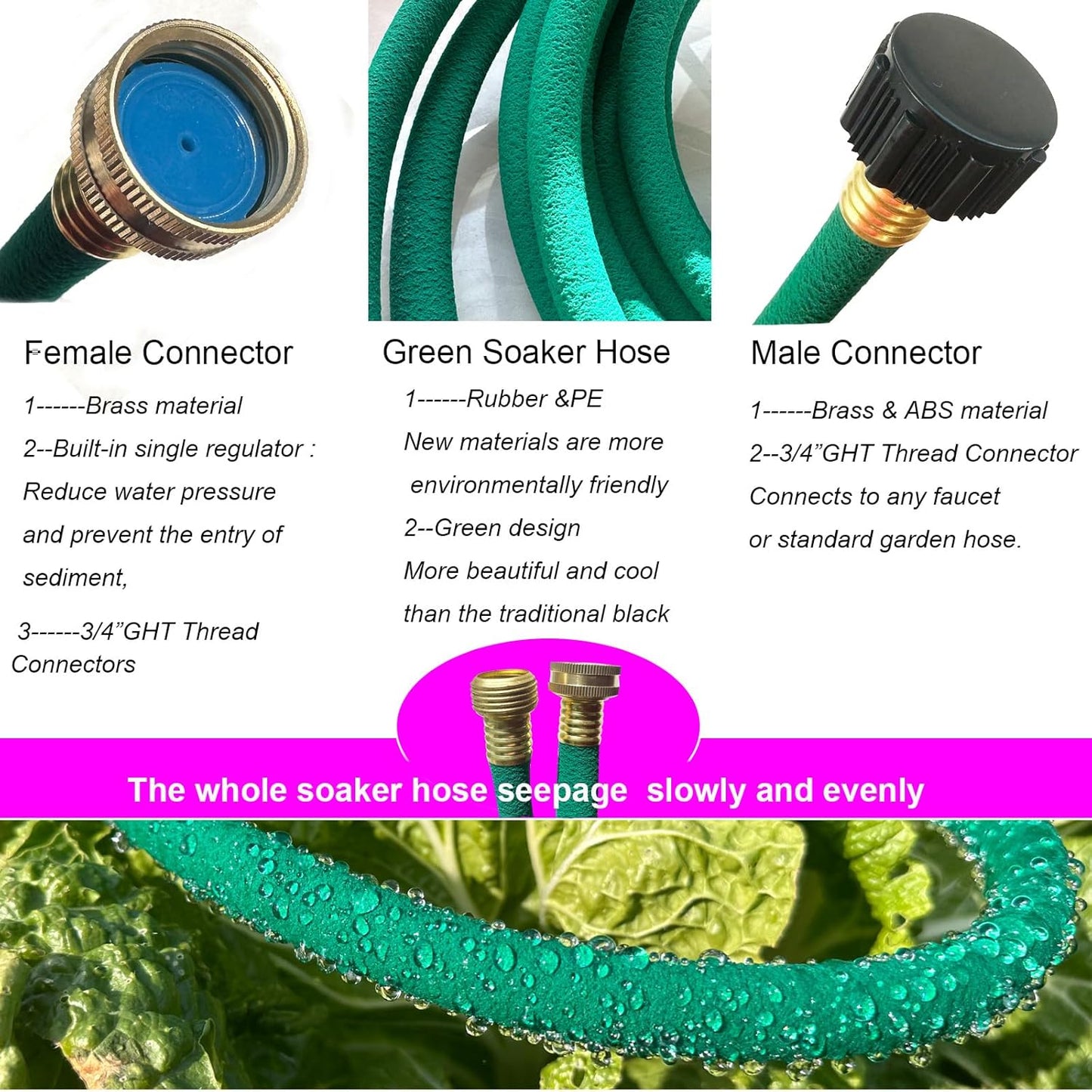 3 PCS 25ft Soaker Hose 1/2inch With Brass End,Green Rubber Hose Water Saving up to 70%,Durable Flexible garden hose 25 ft that irrigation for Patio Lawn,Trees,Vegetables and Flowers.