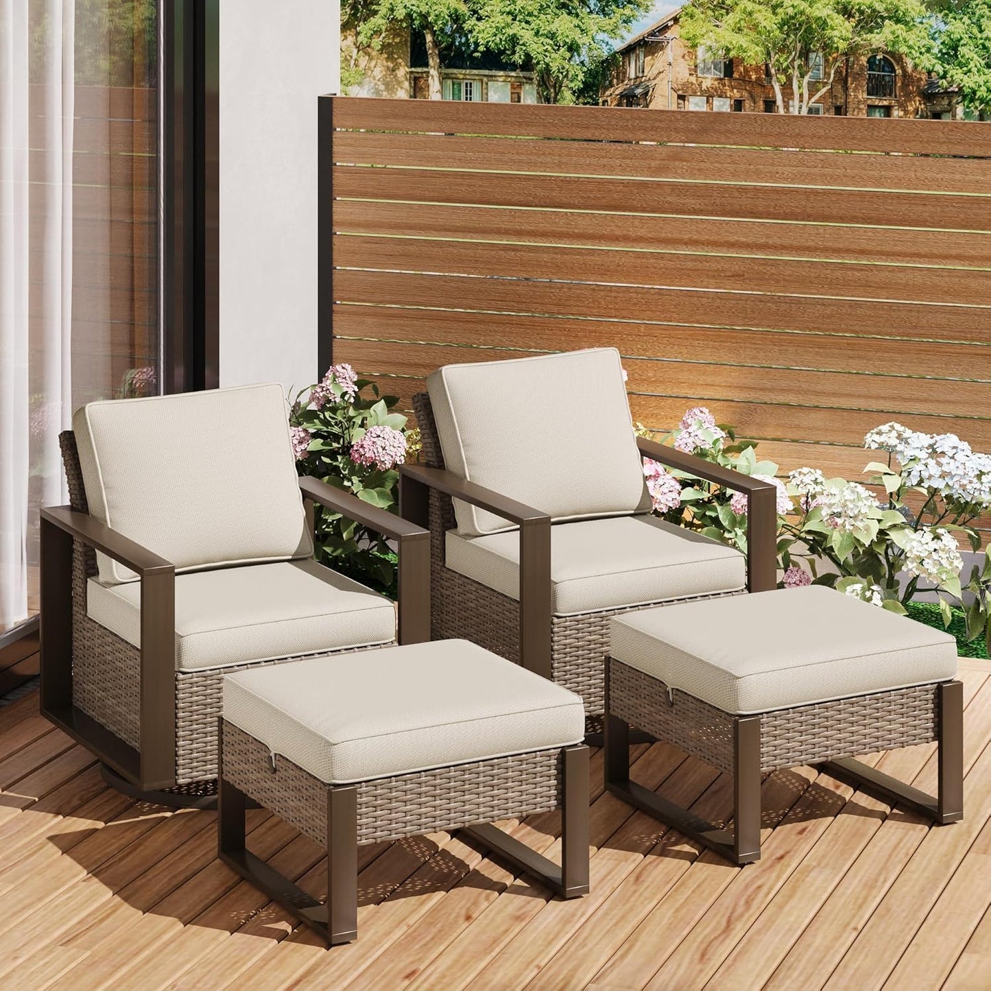 Outdoor Wicker Metal Chairs Set of 2 with Two Ottomans, 360 Degree Glider Rockers Armchairs, 4 Pieces Patio Bistro Set with Wood-Looking Metal Armrest for Poolside, Terrace, Beige
