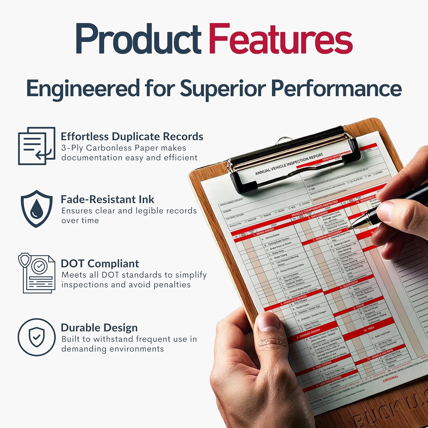 10 Pack 3-Ply Carbonless Annual Vehicle Inspection Report Forms with FMCSA Red Aluminum Labels & White Mylar Laminate Vinyl Labels, DOT Inspection Forms and Stickers, Shrink-Wrapped, 8.5" x 11.75"