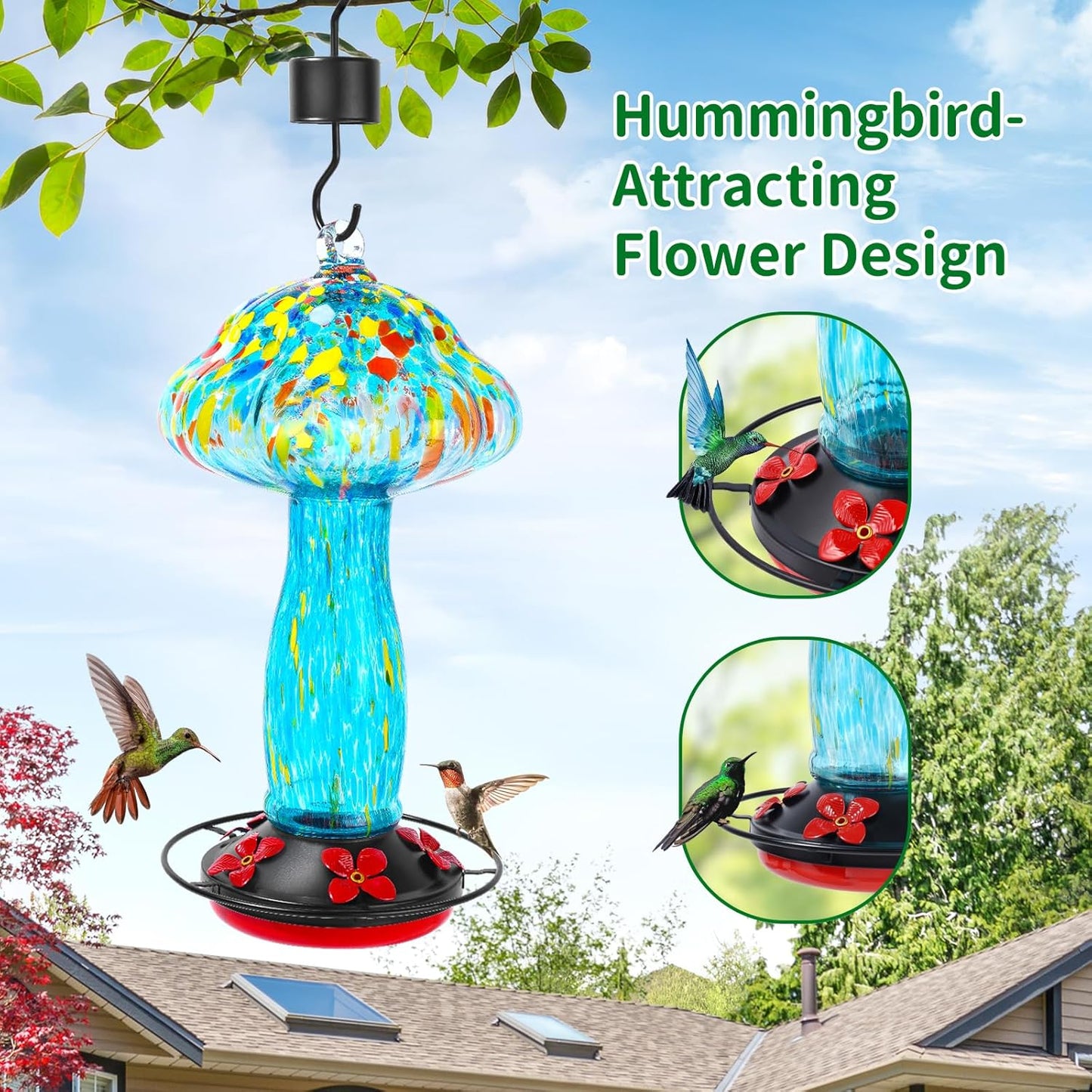 45 Ounce Large Capacity Hummingbird Feeders for Outdoors Hanging Ant and Bee Proof, Unique Hand Blown Glass Hummingbird Nectar Feeder, Gifts for Garden Decor Backyard, Blue Meteor Shower