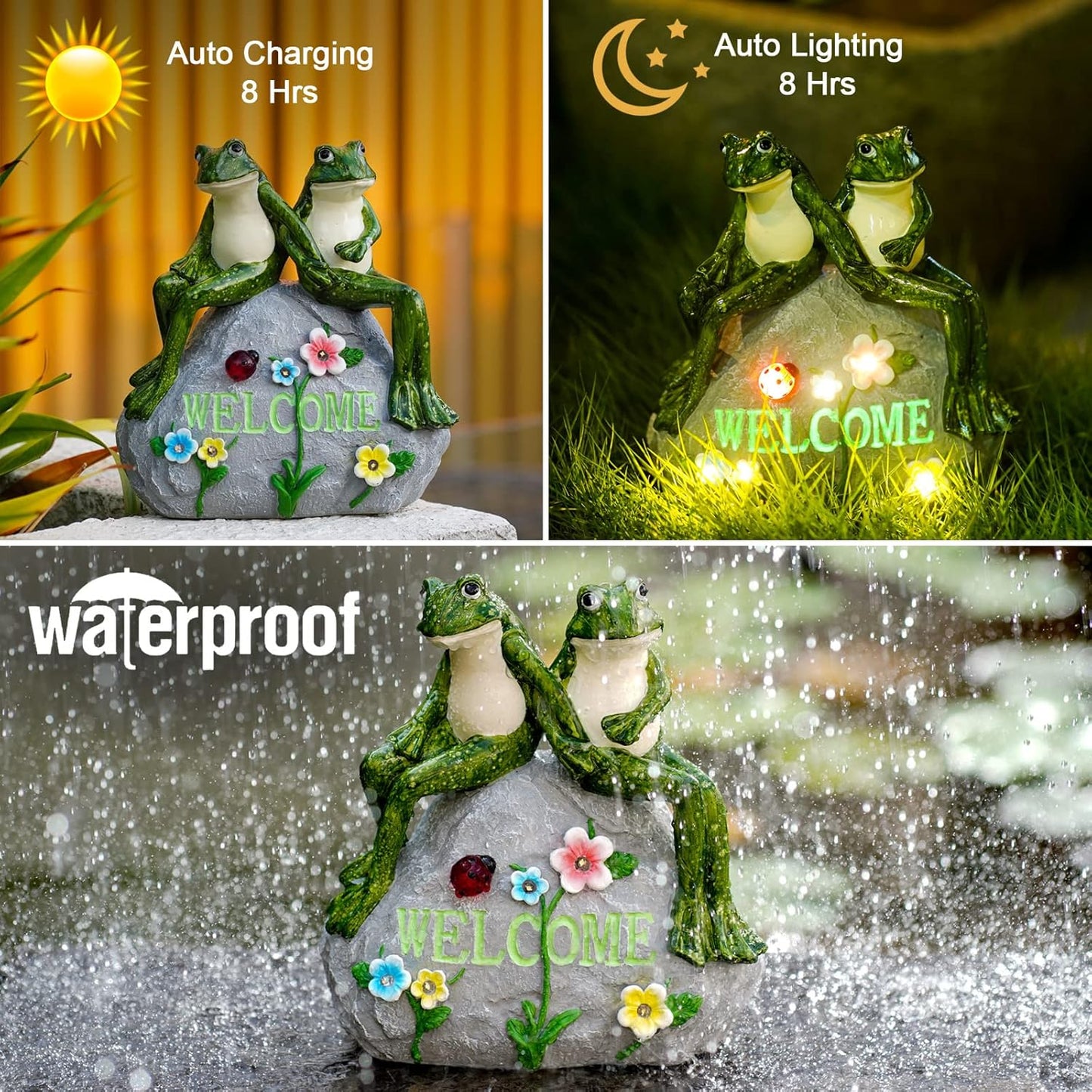 Nacome Garden Outdoor Statues Frog with Succulent and 7 LED Lights - Lawn Decor for Patio, Balcony, Yard Ornament - Unique Housewarming Gifts
