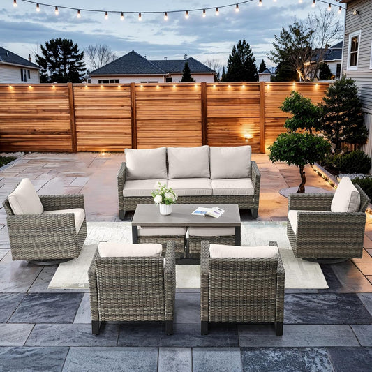 HUMMUH 8 Piece Patio Furniture Set All Weather Wicker Outdoor Sectional Sofa with Patio Chairs,Patio Swivel Glider Chairs Ottomans Coffee Table for Porch,Garden,Backyard