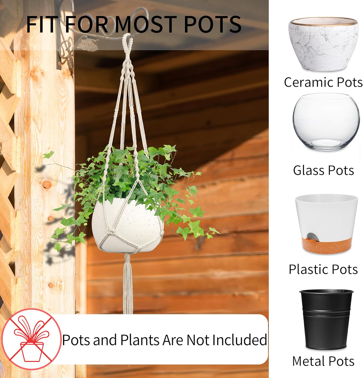 Macrame Plant Hanger, 34"/41"/46" 3 Sizes, Hanging Planters for Indoor Outdoor Plants, Flower Pot Holder with Wood Beads & Tassels for Boho Home Decor, 3 Pack, Ivory