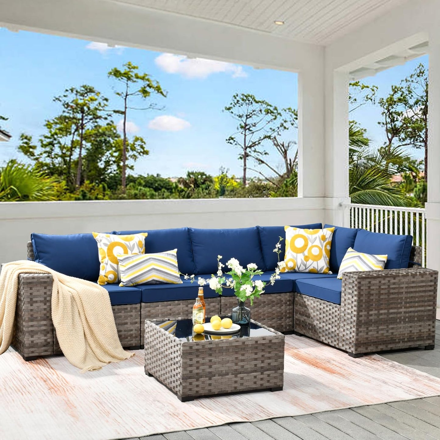 HOOOWOOO Modular Patio Outdoor Sectional Furniture Set,6 Piece Wicker Conversation Sofa Set,Out Door Couch Set with Wide Arm for Outside All Weather(Navy Blue)
