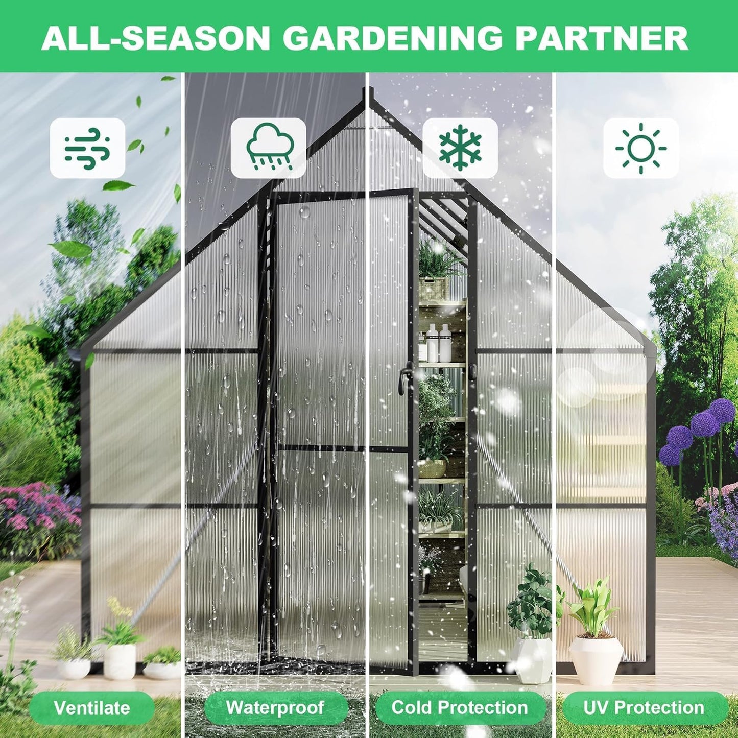 Greenhouse 6x4 FT Aluminum-Framed Heavy Duty Polycarbonate with Quick Setup Structure and Roof Vent Large Enhanced Outdoors Green House Kit