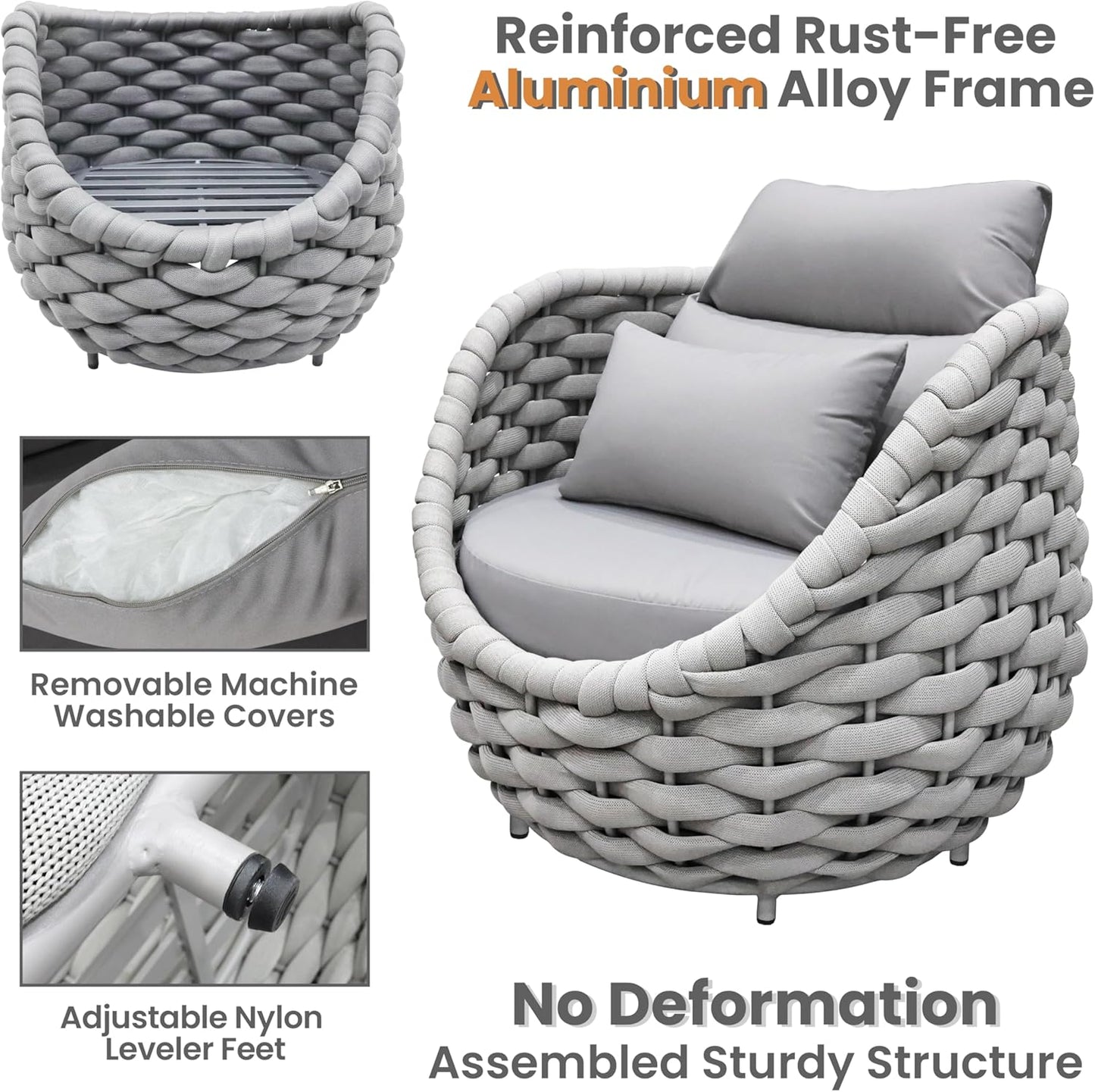 Woven Rope Patio Sofa Furniture Set of 4: Aluminum All Weather Outdoor Conversation Set, Couch Armchair and Loveseat Set with Table Cushions for Deck Porch Poolside Garden Backyard Hotel - Gray