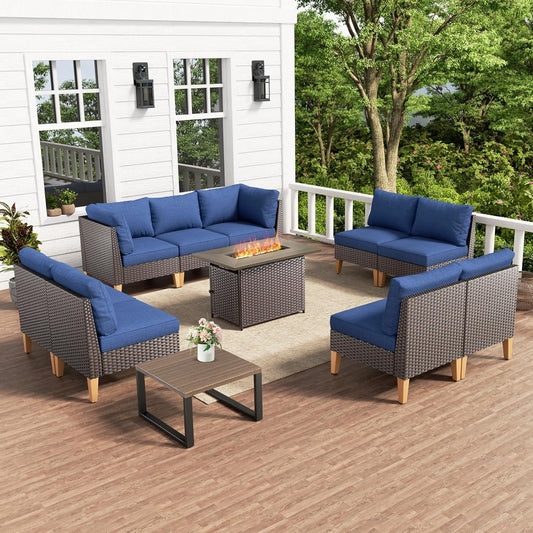 HUMMUH 11 Pieces Patio Furniture Set with Fire Pit,Outdoor Modular Sectional Couch Loveseat Chairs with Table,All Weather PE Wicker Patio Conversation Sets for Deck Porch Backyard