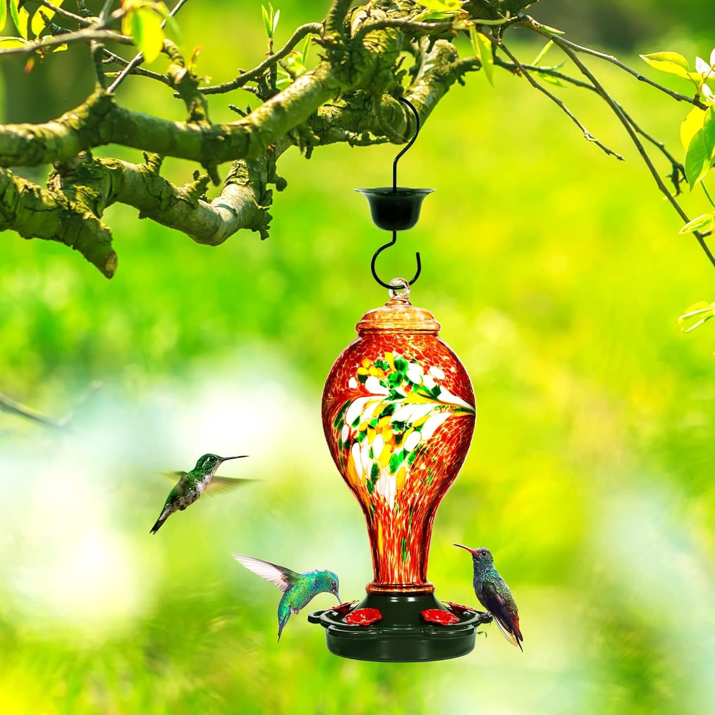 LUJII Hummingbird Feeder for Outdoors, Hand Blown Glass Humming Bird Feeder, Anti Fade Leakproof with 25 Ounces Nectar Capacity, Easy to Install Clean Refill, Include Hook & Ant Moat (Red)