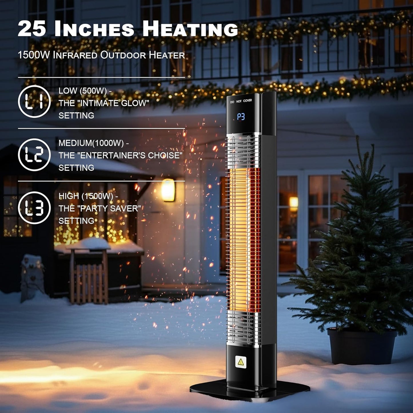 Patio Heater for Outdoor,1500W Electric Infrared Radiant Heaters with Remote for Garage Bedroom Backyard, Room Space Heater with 24H Timer,3 Heat Settings,Tip-over Protection for Indoor, 25"