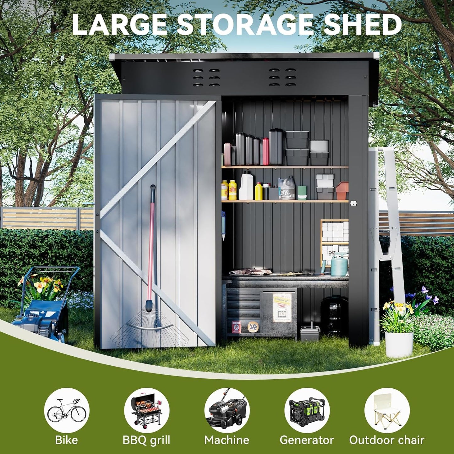 COMHOMA Shed Outdoor Storage Shed Metal,Lockable Doors Tool Sheds with Sloping Roof,Steel Garden Shed with Air Vent for Backyard,Patio,Lawn,Poolside (Grey, 5'*3')