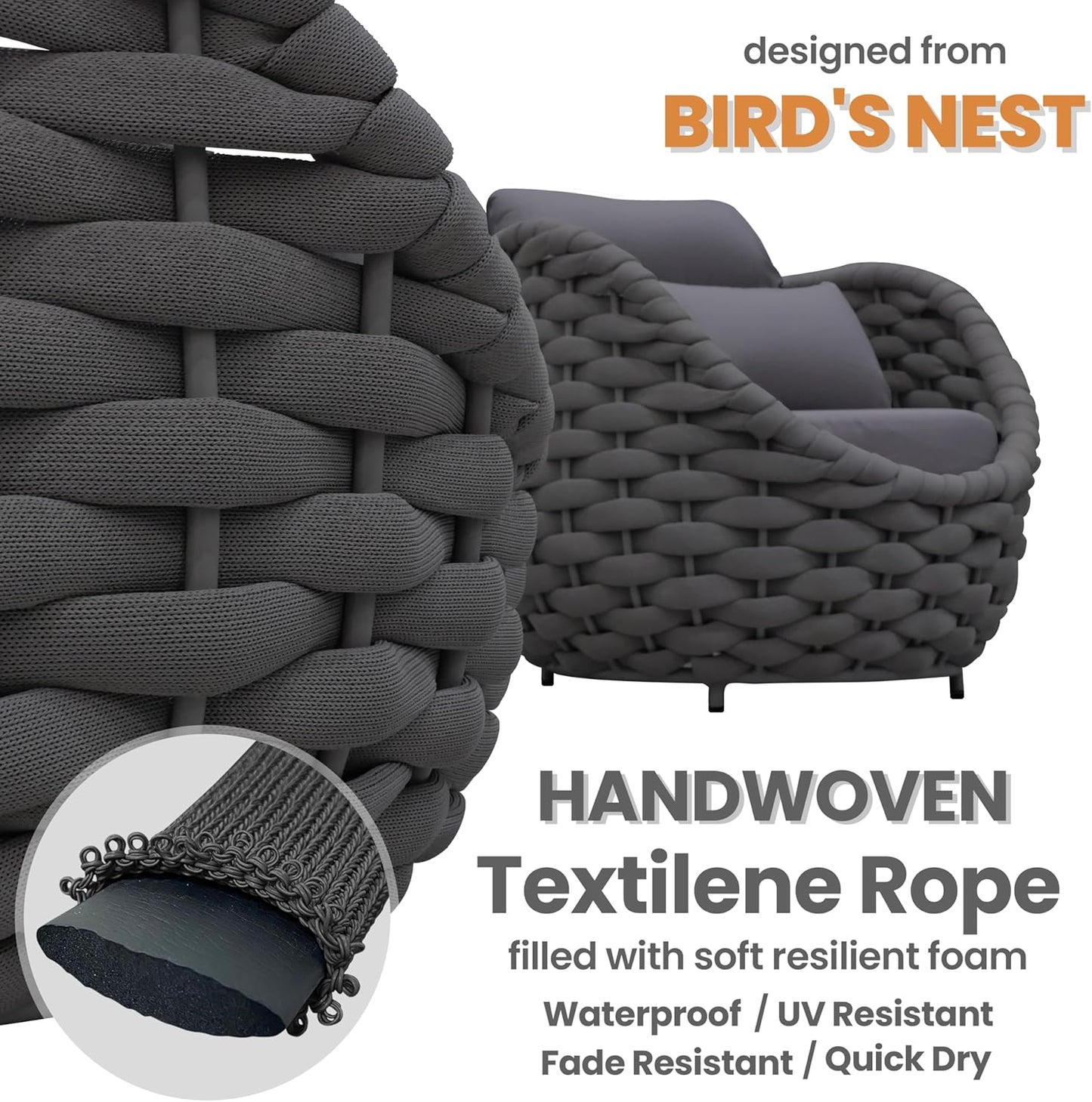 4 Pieces Courtyard Seating Set: Aluminum Woven Rope Patio Furniture Chair Set - All Weather Metal Outdoor Conversation Set - Assembled Armchair w/Table for Bistro Deck Porch Balcony, Dark Grey