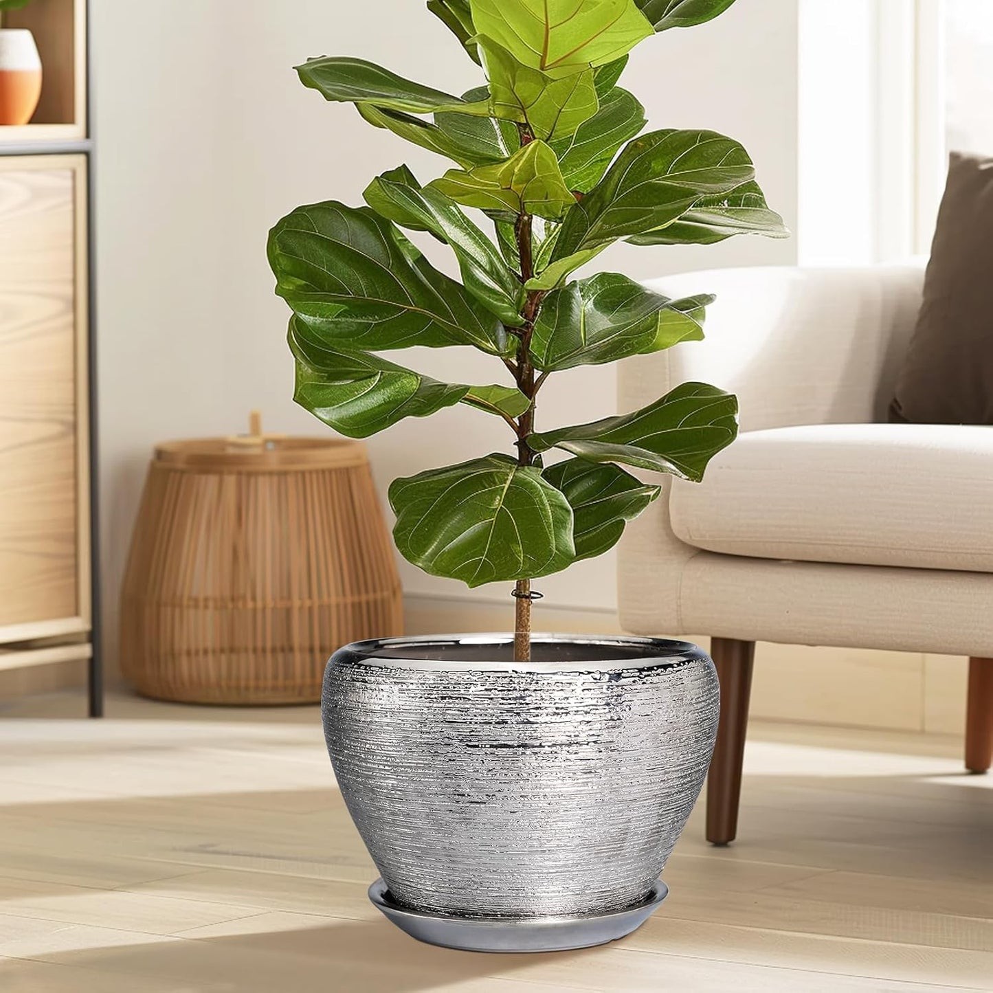 Flower Pot - 10 Inch Planter with Drainage Hole and Saucer - Indoor/Outdoor Decorative Mid-Century Planter - Silver