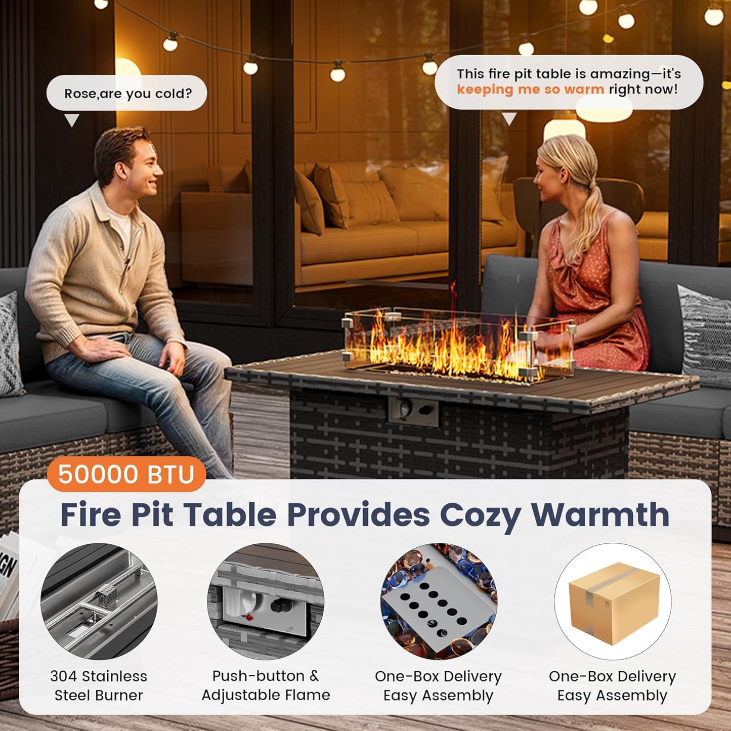 UDPATIO Patio Furniture Set with Fire Pit Table, 8 Inch Armrest Outdoor Sectional Sofa, 7 Piece Wicker Outdoor Furniture Conversation Sets with Waterproof Cover for Backyard Deck(Grey/Dark Grey)