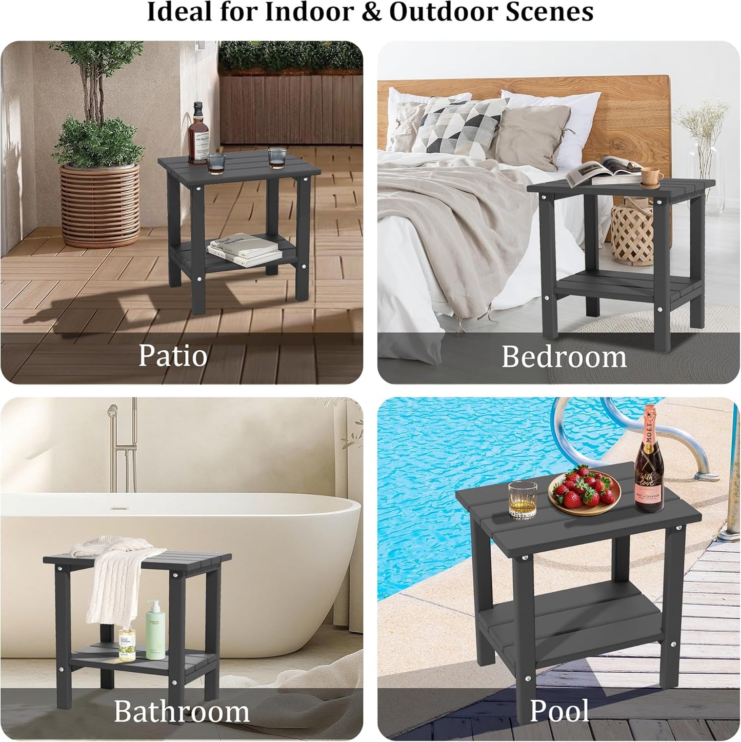 Weather Resistant Outdoor Side Table, Adirondack HDPE Small Outdoor Table, 2-Tier Small Patio Tables for Outside or Indoor,Gray