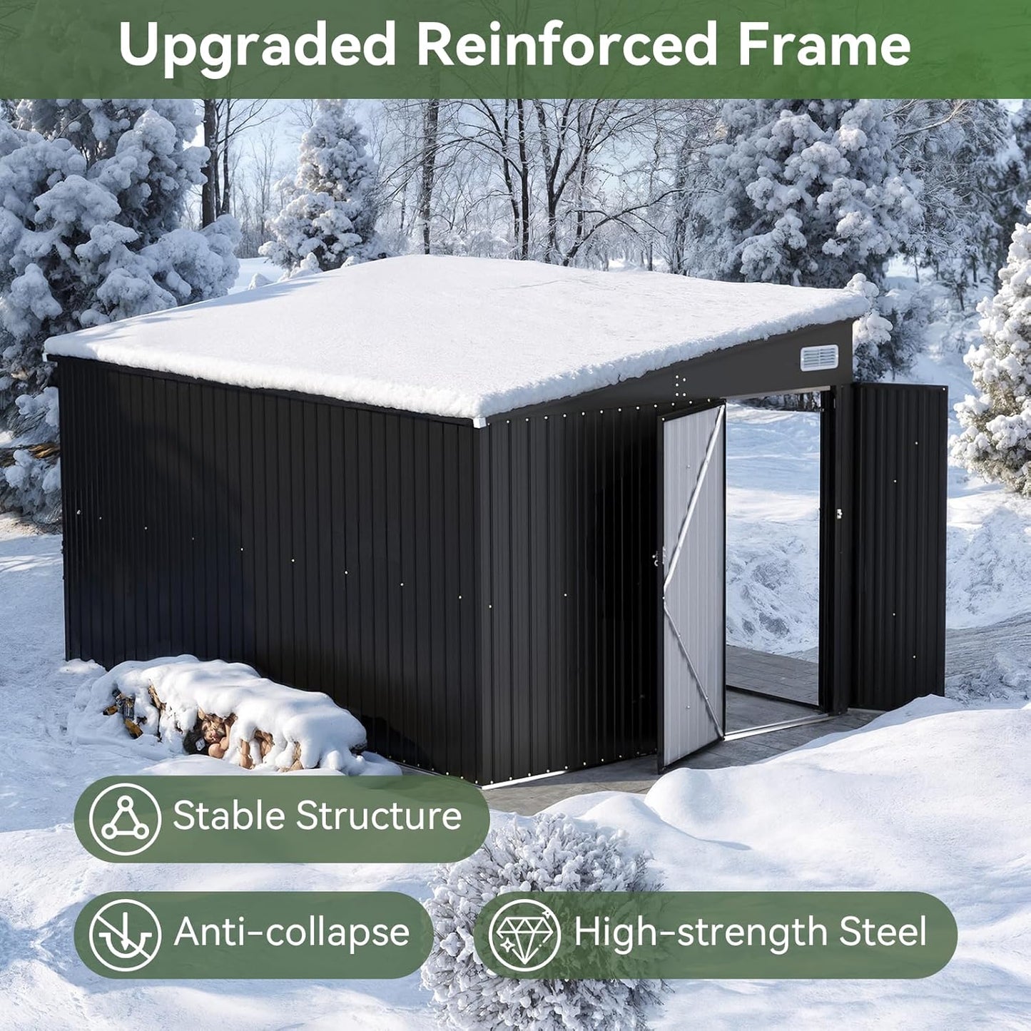 Aoxun 12' x 7.3' Shed 441 CU.FT Outdoor Waterproof Storage Shed with Triple Lockable Door Garden Metal Tool Shed for Outside (Black)