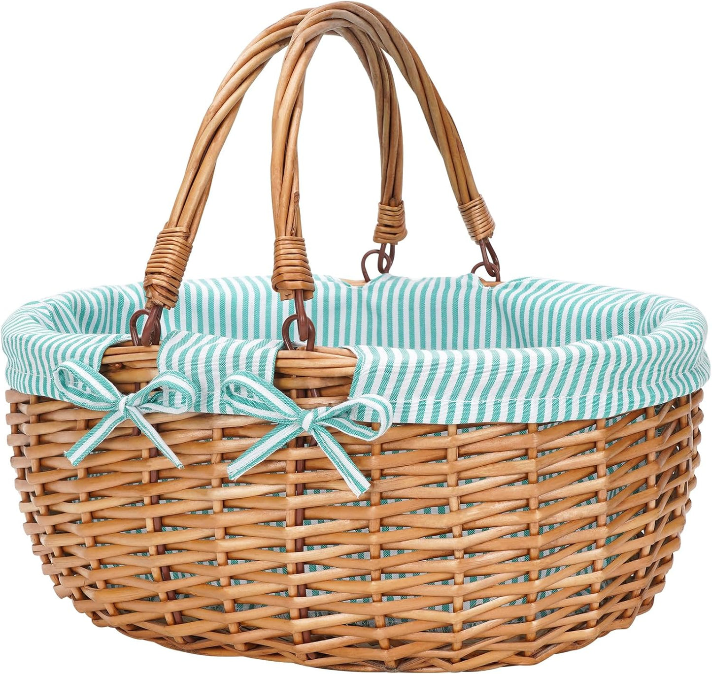 G GOOD GAIN Oval Picnic Basket with Folding Handles, Willow Hand Woven Shopping Basket, Bath Toy Kids Toy Storage Gift Packing Basket, Wicker Empty Easter Eggs and Candy Small Gift Basket.Green