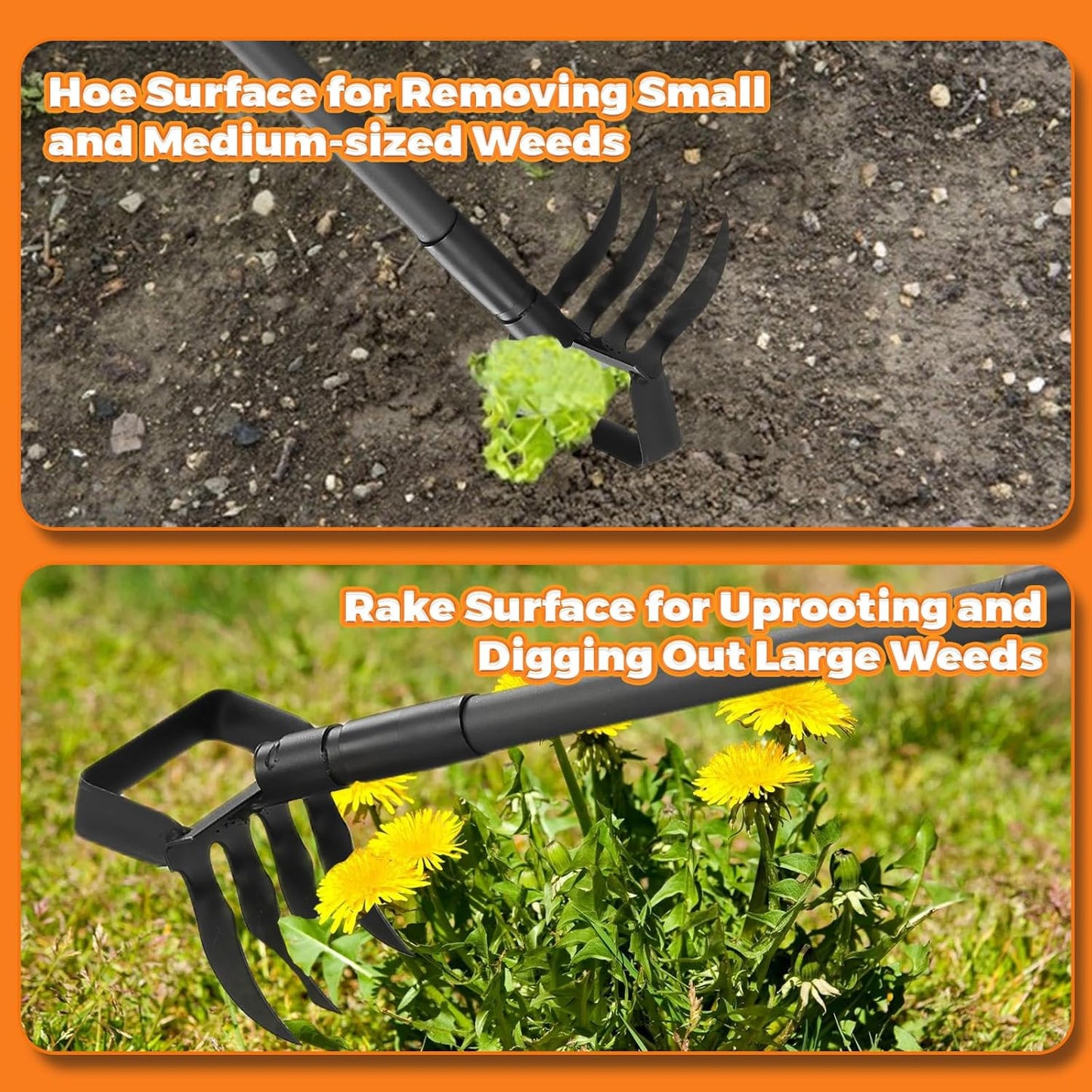 Hula Garden Hoe and 4 Tines Rake 2-in-1 Garden Tool for Weeding, Garden Cultivator with 62.6" Adjustable Long Handle Heavy Duty Weed Puller Stirrup Hoe for Ditching, Seeding, Loosening Soil