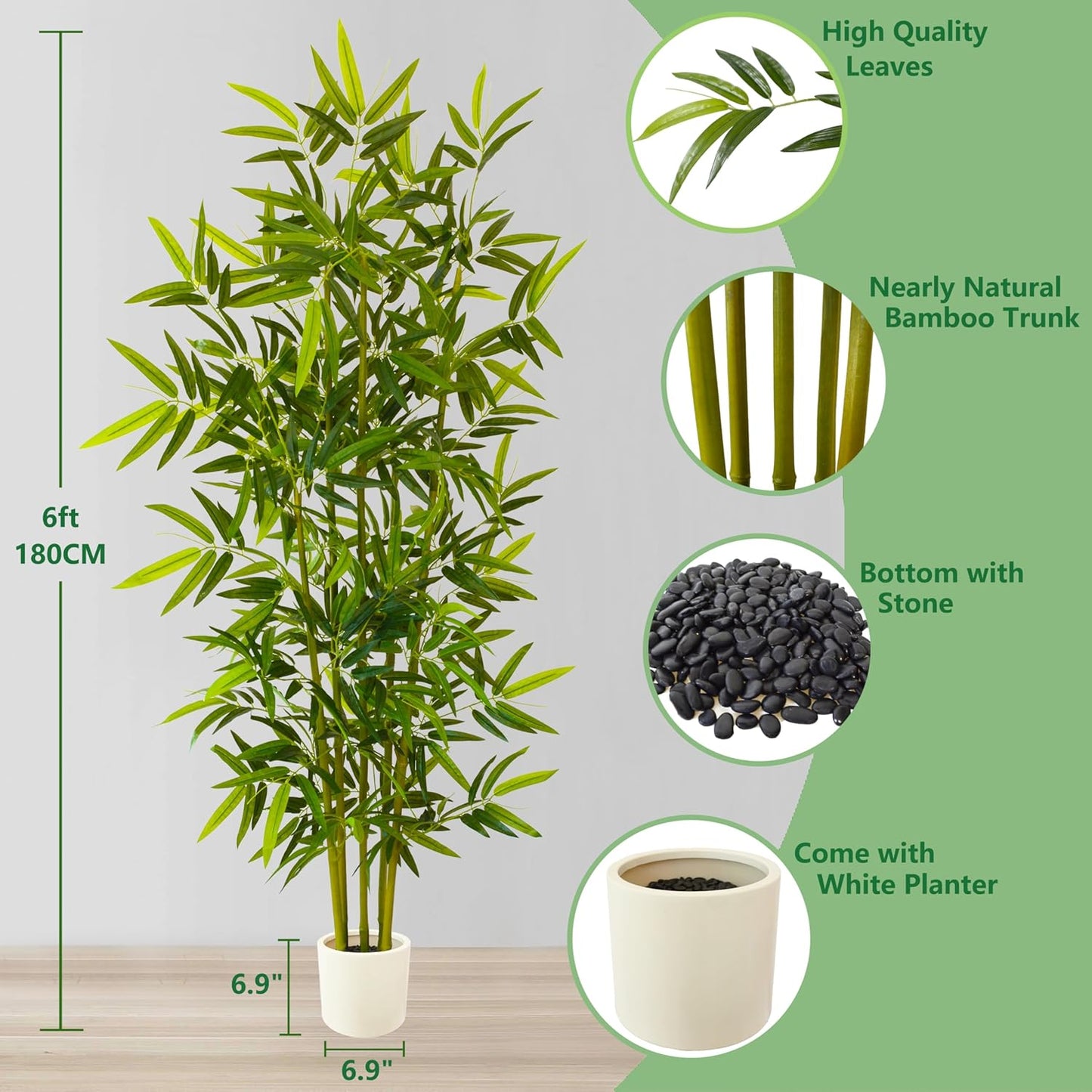 Artificial Bamboo Tree, 6ft Tall Fake Bamboo Plant with White Planter, Faux Trees with 5 Trunks and Lifelike Leaves for Indoor Outdoor Home Office Décor