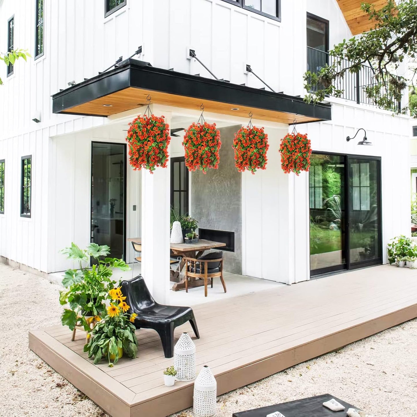 Artificial Hanging Flowers in 12 inch Basket, Fake Fall Plant Silk Orchid Flower Arrangement with Coconut Lining Pot Planter for Patio Garden Porch Deck Summer Autumn Decorationr(Orange)