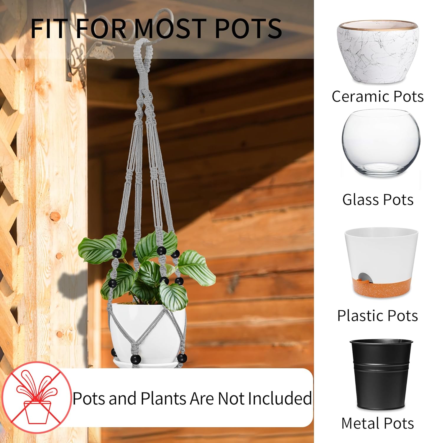 3 Pack Macrame Plant Hanger - 43"/35"/29" Different Sizes, Hanging Planter Basket Flower Pot Holder for Indoor Outdoor, with Wood Beads, Boho Home Decor, Gray (POTS NOT Included)