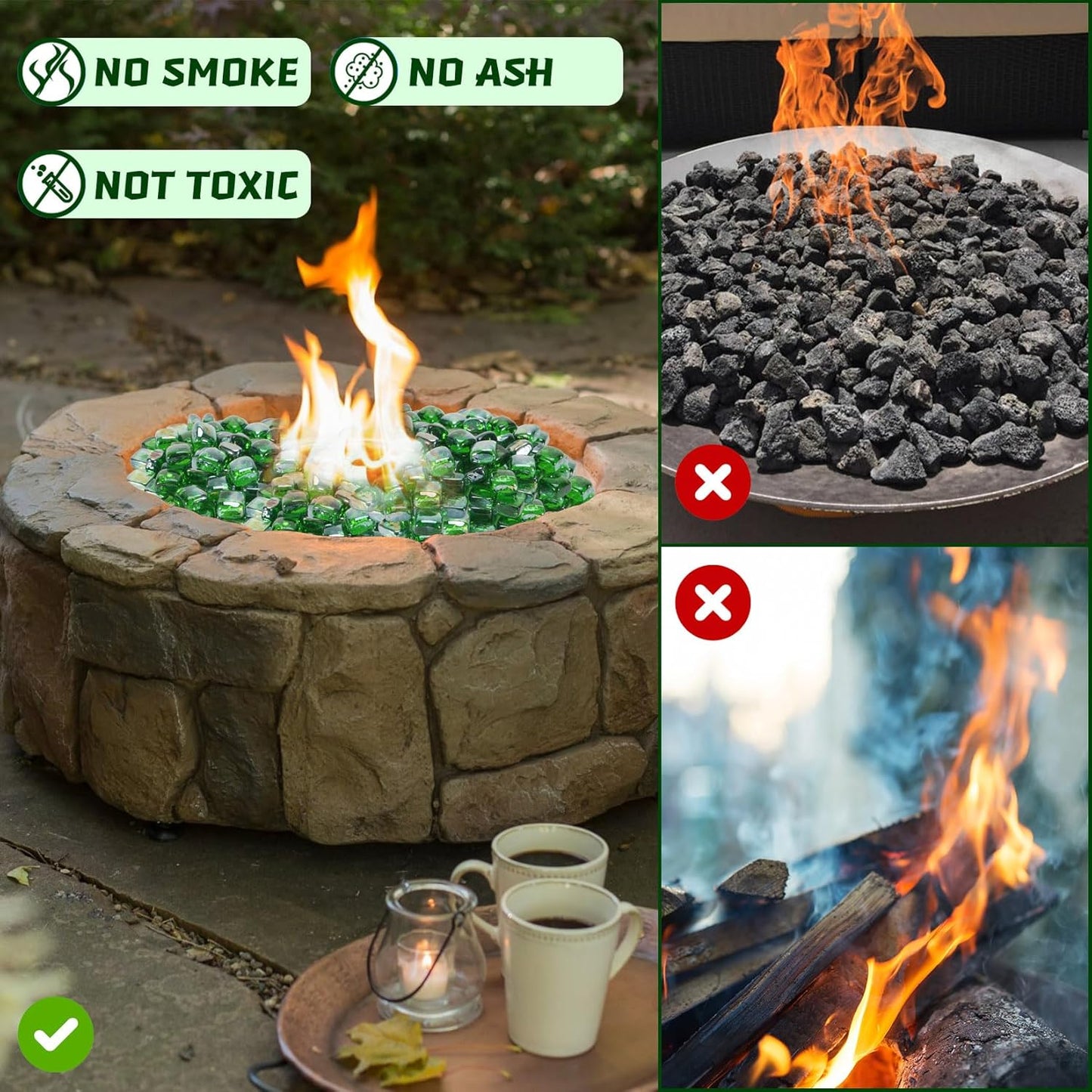 Fire Pit Glass Rocks Square, Fire Glass Cubes, Tempered Beads for Fireplace, Firepit Table Indoor or Outdoor, Replacing Traditional Burning Wood 20 pounds, Green Reflective