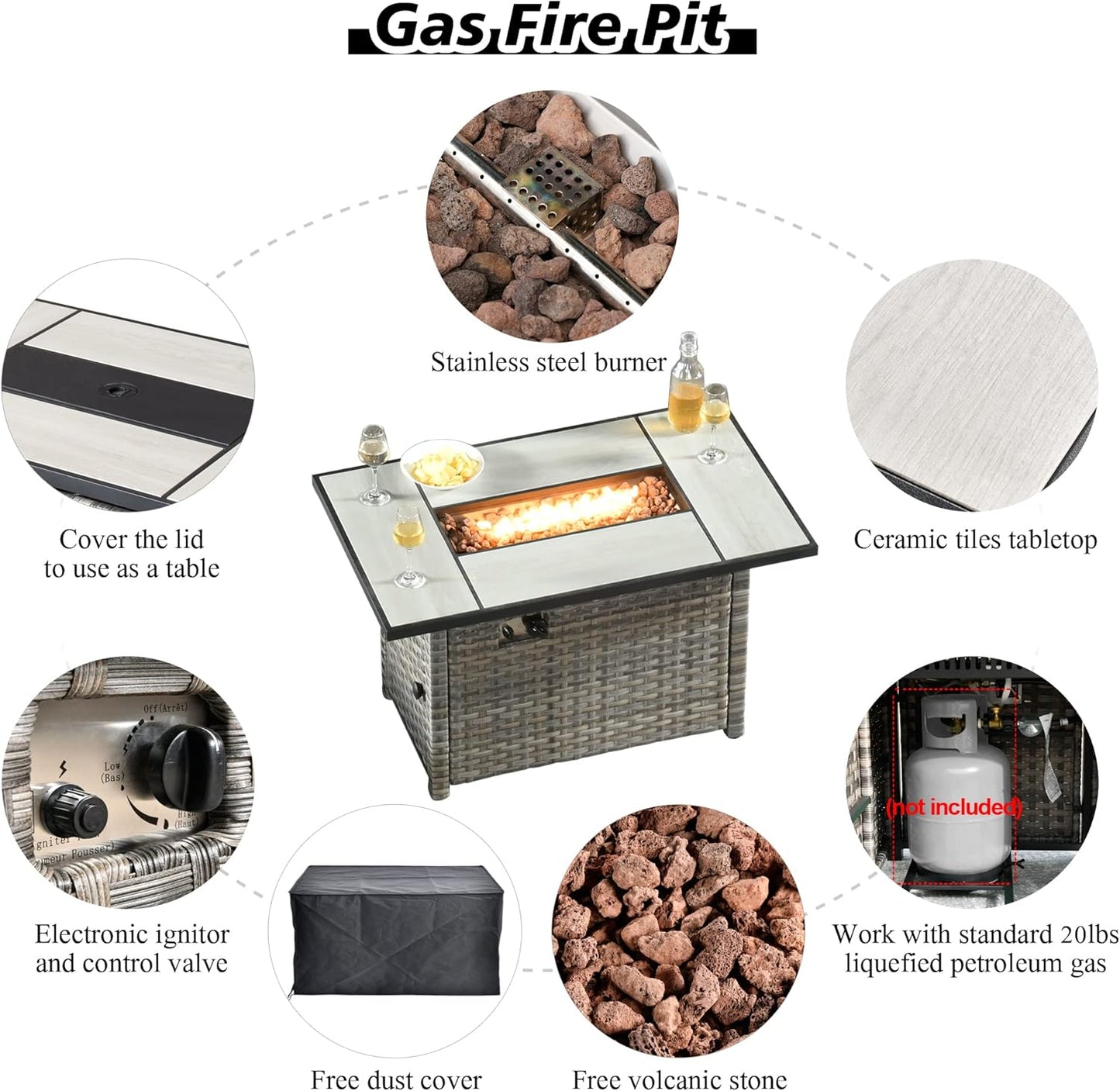HOOOWOOO 13 Piece Modular Patio Outdoor Sectional Furniture Set with Gas Propane Fire Pit Table,Wicker Conversation Sofa Set,Out Door Couch Set with Wide Arm Outside(Black)