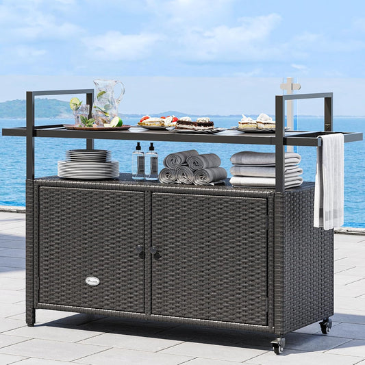 YITAHOME Large Outdoor Kitchen Wicker Island Rolling Cart, Patio Bar Table with Thickened Frame, Patio Storage Cabinet w/Wheels and Black Glass Table Top Backyard and Poolside Dark Brown