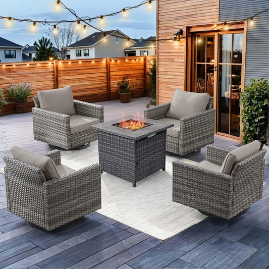 HUMMUH 5 Piece Patio Furniture Set,Wicker Swivel Rocker Patio Chairs Set of 4 with 30'' Fire Pit Table Outdoor Furniture Set for Porch,Garden,Backyard