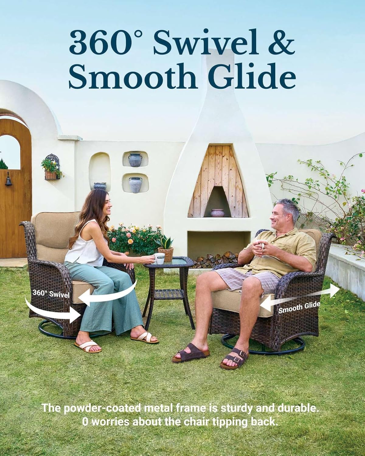 HILLGA Luxury Patio Furniture Set with 6-Inch Thick Cushions, High Back Outdoor Swivel Rocker Chairs and Ottoman, 5-Piece All Weather Conversation Set for Porch Deck Balcony Yard, Beige (V3)