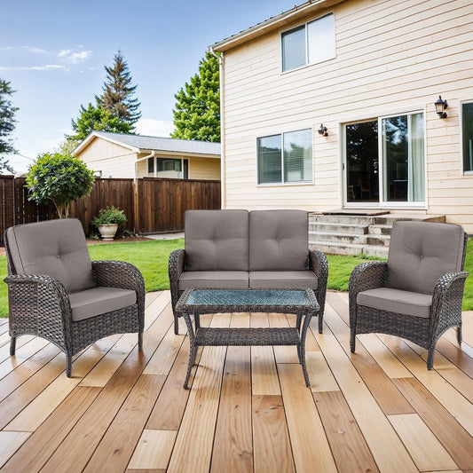HUMMUH 4-Piece Patio Furniture Wicker Outdoor Conversation Set,All-Weather Rattan Outdoor Sofa Set Patio Chairs Coffee Table for Backyard,Porch,Deck