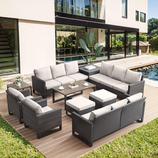 HUMMUH 10 Piece Patio Furniture Set PE Wicker 3 Outdoor Sectional Sofa Set with Patio Chairs Dinning Table Ottomans for Porch,Garden,Backyard,Deck(Brown/Beige)