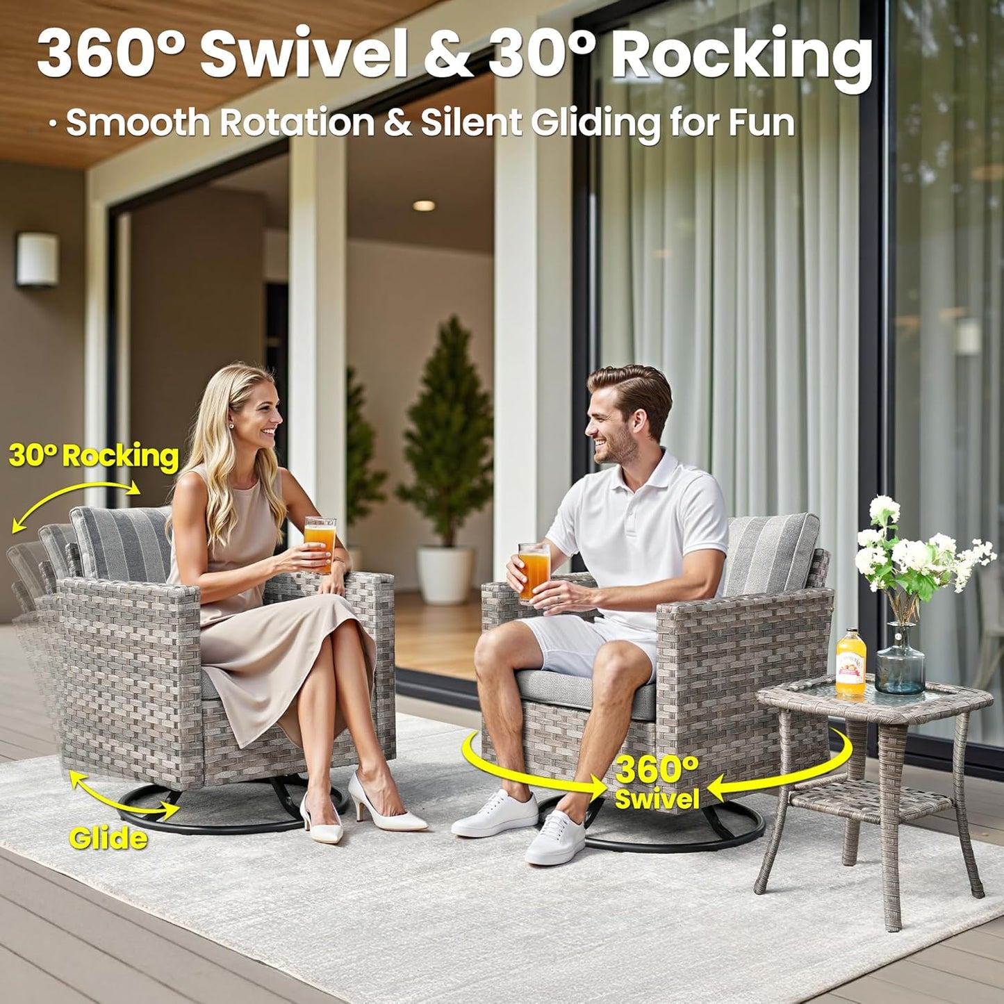 ovios 15 Pieces Patio Furniture Set, Outdoor Wicker Sectional Sofa with Swivel Chairs Coffee Table, Modern Modular Deep Seat Rattan Couch Conversation Sets, Dark Gray Stripe