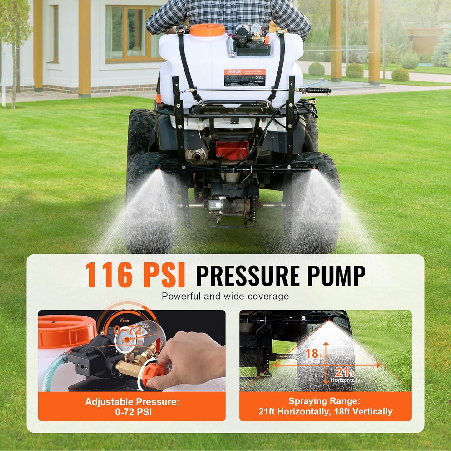 VEVOR ATV Spot Sprayer, 15.9 Gal/60L ATV/UTV Broadcast With Nozzle Boom, 12 V Pump With Water Tank, 1.9 GPM Flow Rate, Adjustable 0-72 PSI, 20FT Hose, Weed Sprayer for Garden, Farm