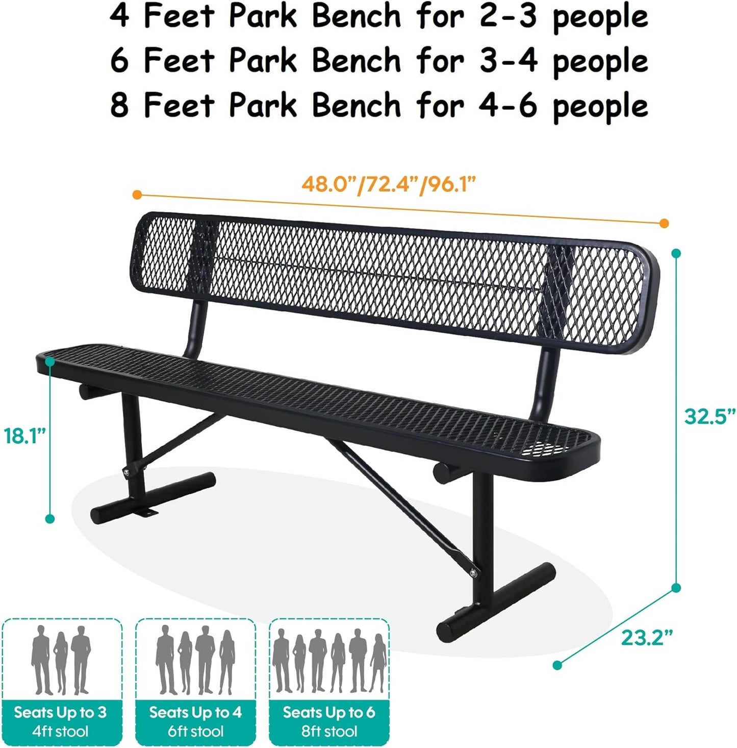 6FT Outdoor Metal Park Bench with Backrest, Outdoor Black Bench, Heavy-Duty Expanded Metal Picnic Bench Steel Mesh Portable Seating Patio Bench for Garden, Porch, Park,School,Road Sports