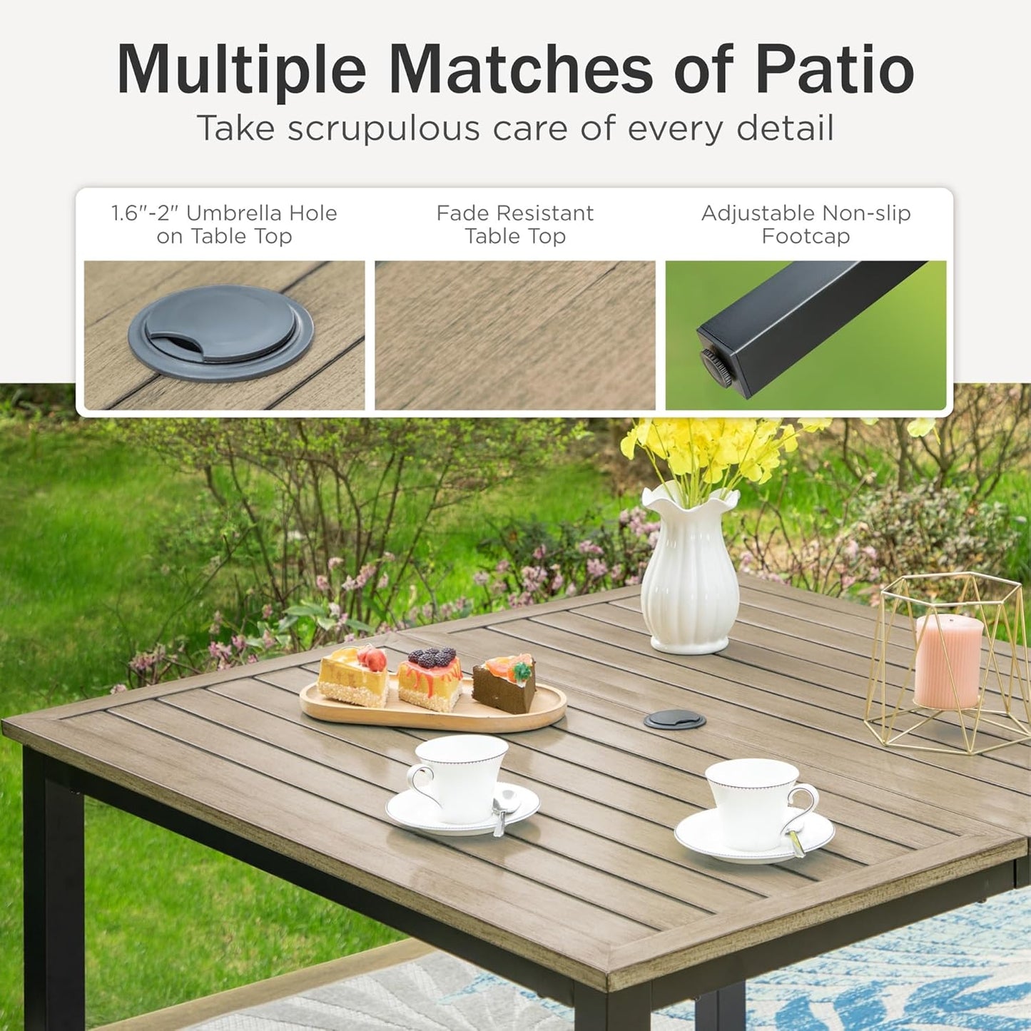 PHI VILLA 5 PCS Patio Dining Set, 4 Patio Swivel Dining Chairs & Square Brown Metal Slat Table Top with 1.57" Umbrella Hole, Outdoor Table and Chairs for All Weahter